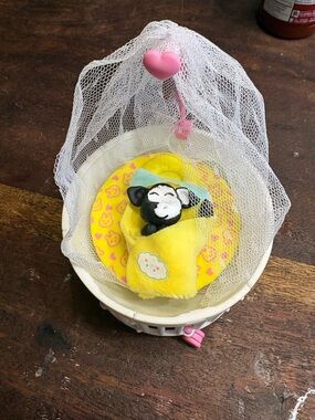 Yellow Baby Cow in Cradle with Pink Heart Canopy